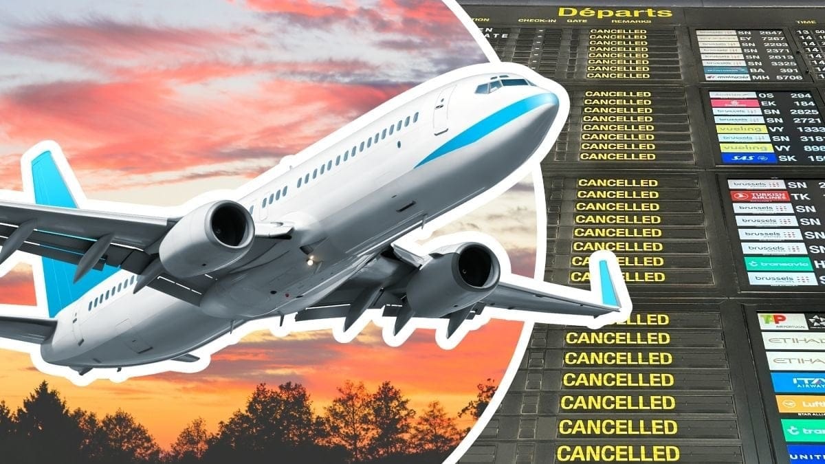 Flygplan i soluppgång och en avgångstavla med inställda flighter