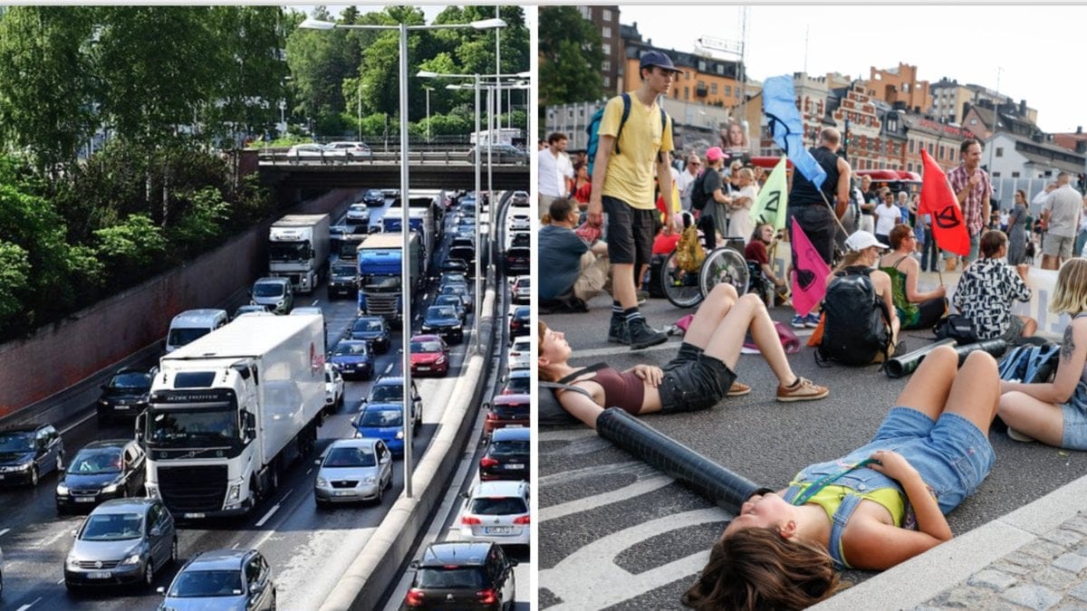 Under aktionen limmade klimataktivister från Återställ våtmarker fast sig på marken, vilket orsakade långa köer.