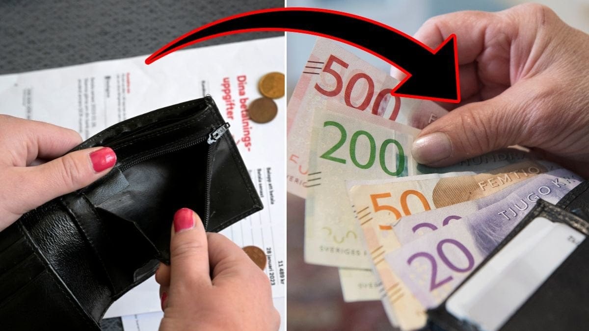 En tom plånbok och en plånbok fylld med pengar i olika valörer.