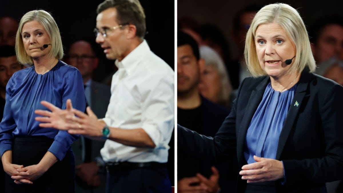 Statsminister Magdalena Andersson (S) och Moderaternas partiledare Ulf Kristersson (M) under Statsministermötet i SVT som sändes från Uppsala under onsdagskvällen.