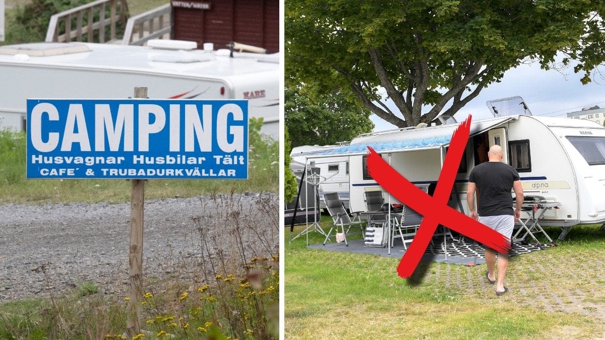 En skylt med texten Camping på och en husbil som en man är på väg mot.