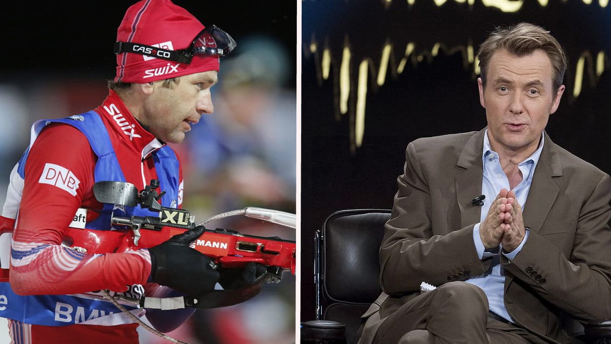 Man utövar skidskytte, man i kostym sitter ner