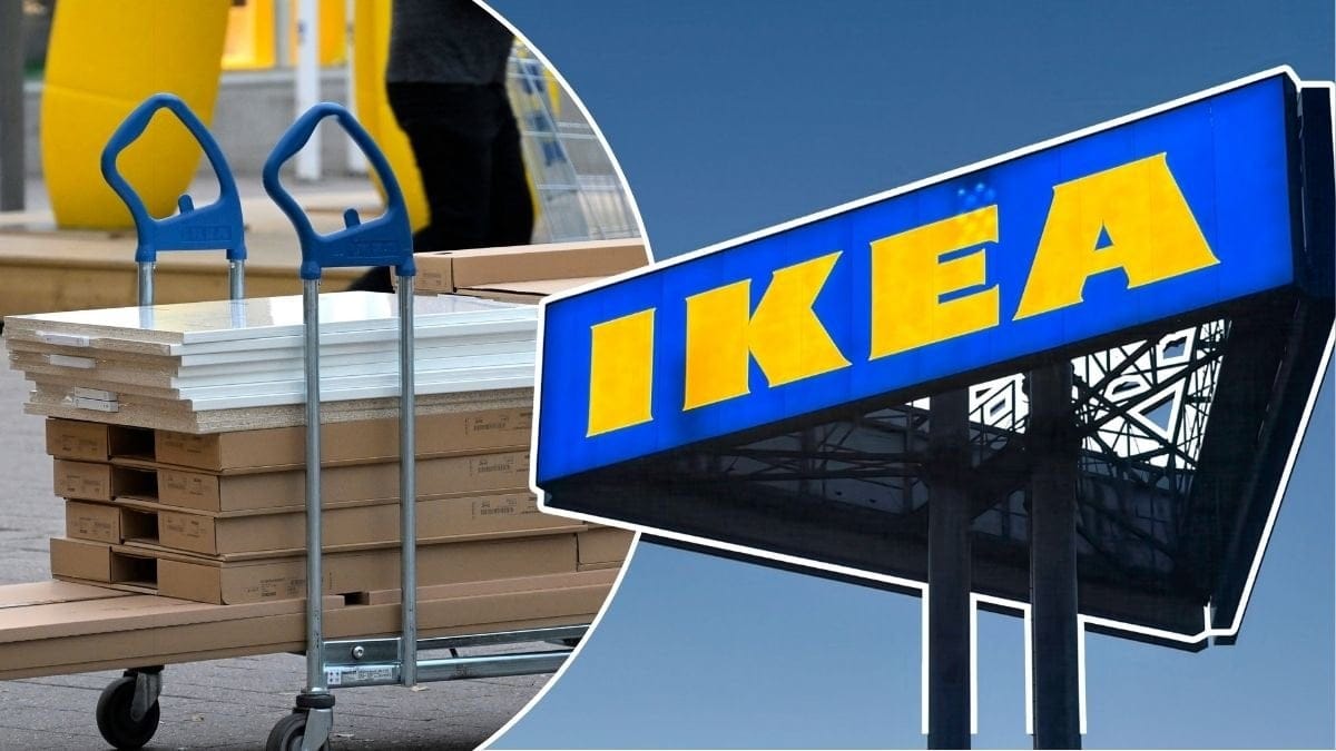 Bilder på Ikea-möbler i kartong och en Ikea-skylt.