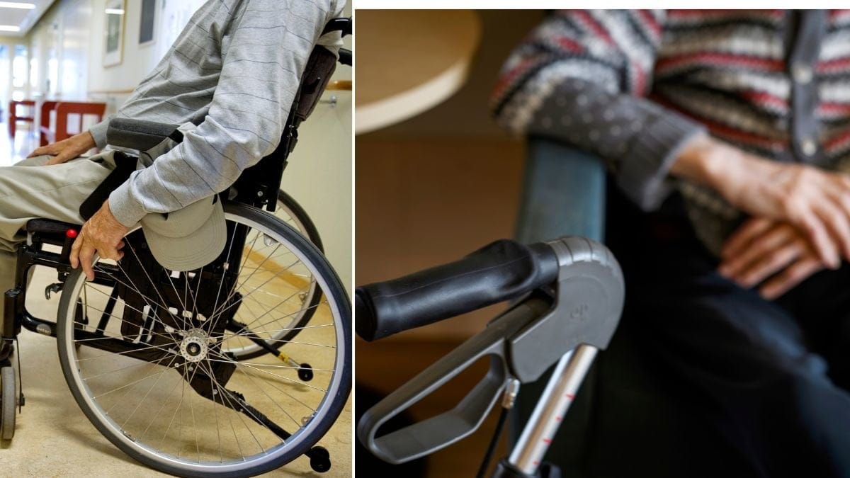 Äldre person i rullstol och en rollator bredvid en person som sitter i en stol.