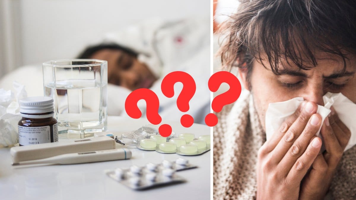Förkyld person och medicin. 