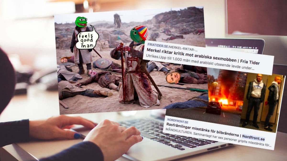 En person sitter vid en dator. Över bilden är inklippta rubriker från rasistiska sajter. 