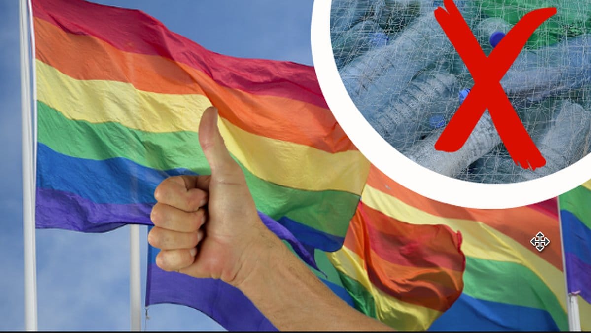 Prideflagga, hand, plastflaskor