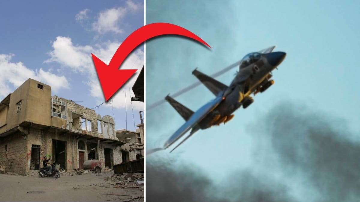 Byggnad i Libanon till vänster. Bild på ett israeliskt stridsplan under uppvisning till höger. Röd pil från planet till byggnaden.