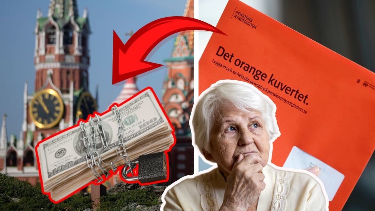 Moskva vänster. Orangea pensionsbrevet höger. Sedelbunt med lås runt vänster. Äldre fundersam dam höger.