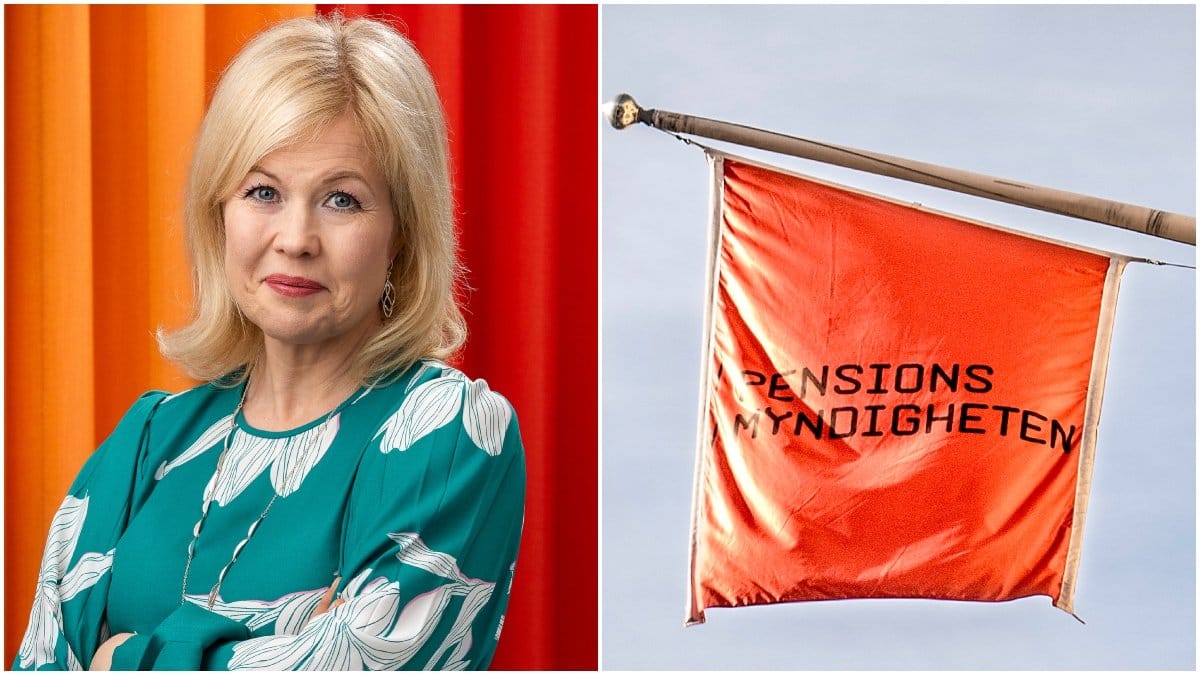 Pensionsmyndighetens generaldirektör Anna Pettersson Westerberg och Pensionsmyndighetens flagga.