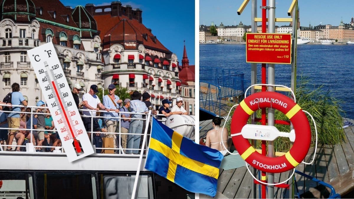 Sommar i Stockholm på en båt och en badring på en brygga.