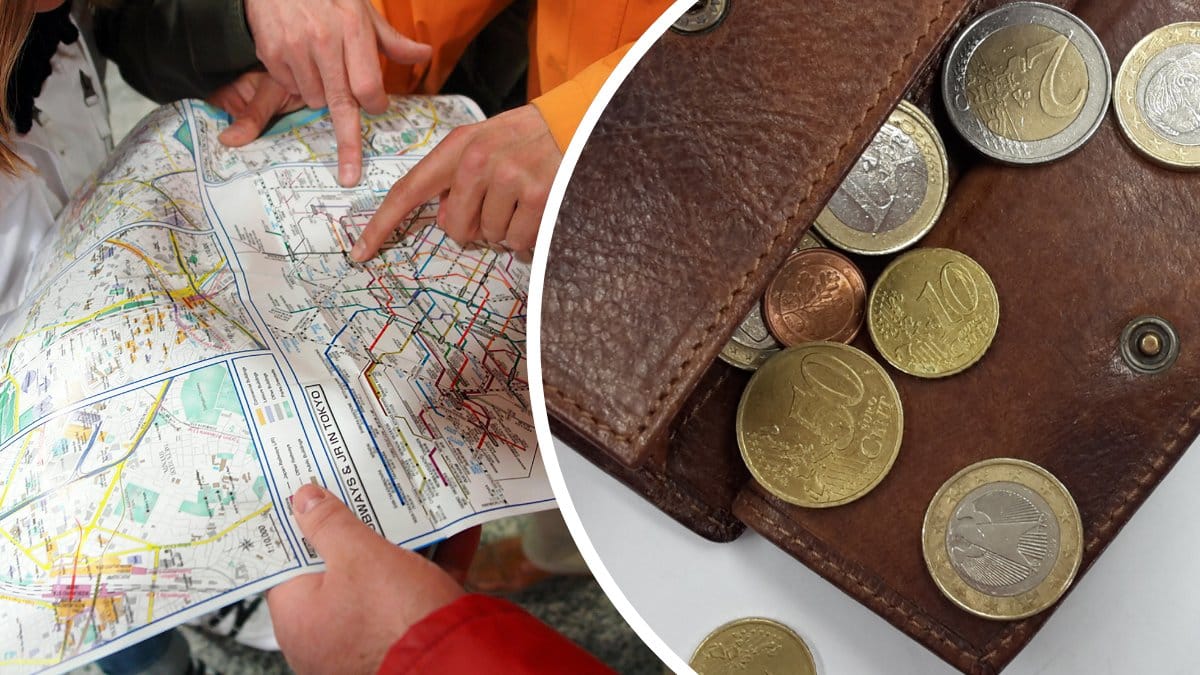 Personer håller i en karta vänster. En plånbok med mynt i höger.