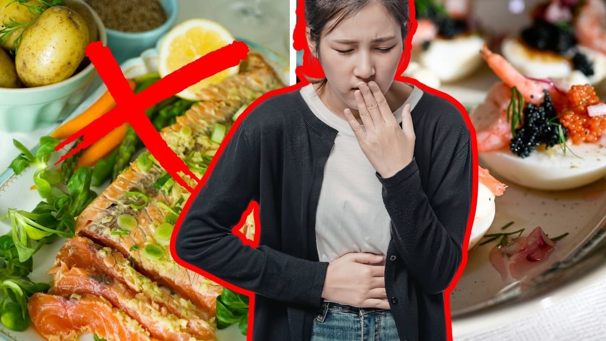 lax vänster, ägghalvor höger. Kvinna med handen över munne och andra handen över magen som ser illamående ut, utklippt i mitten. Rött x till vänster.