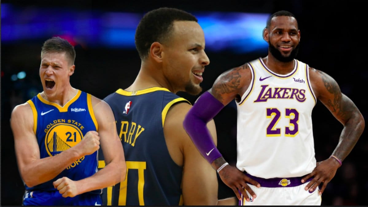 Lagkamraterna Jonas Jerebko (vänster) och Steph Curry (mitten) samt LeBron James (Höger)