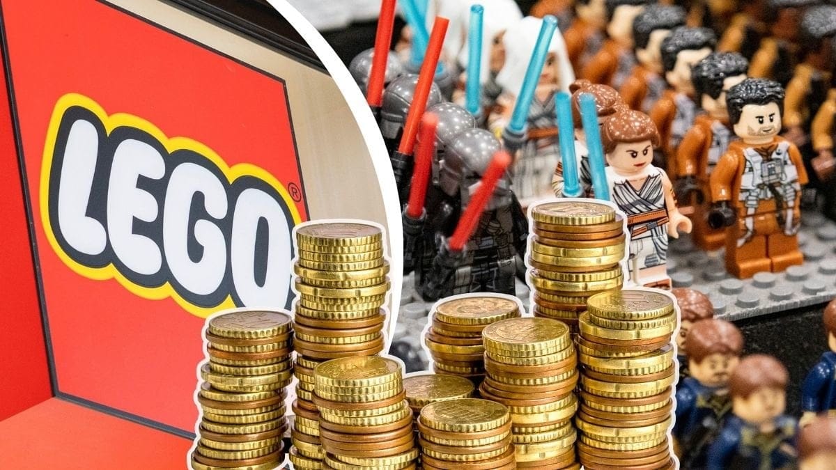 En Lego-logga och en samling med Starwars-figurer i Lego.