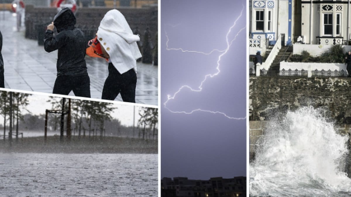 Regn, åska, översvämning, hög våg