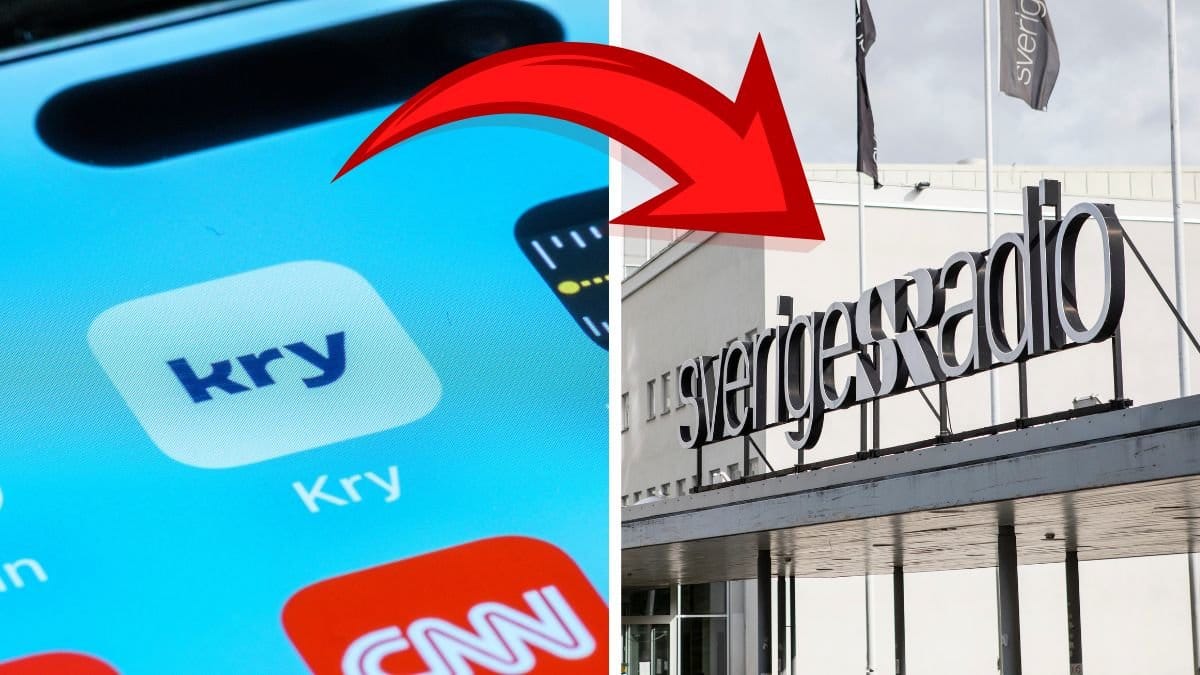 Kry app-ikon på en mobilskärm vänster. Sveriges Radio-skylt höger.