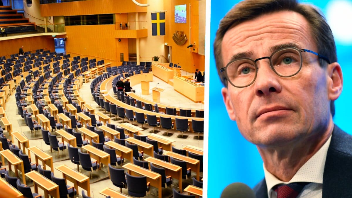 Riksdagens kammare och Moderaternas Ulf Kristersson. Delad bild. 