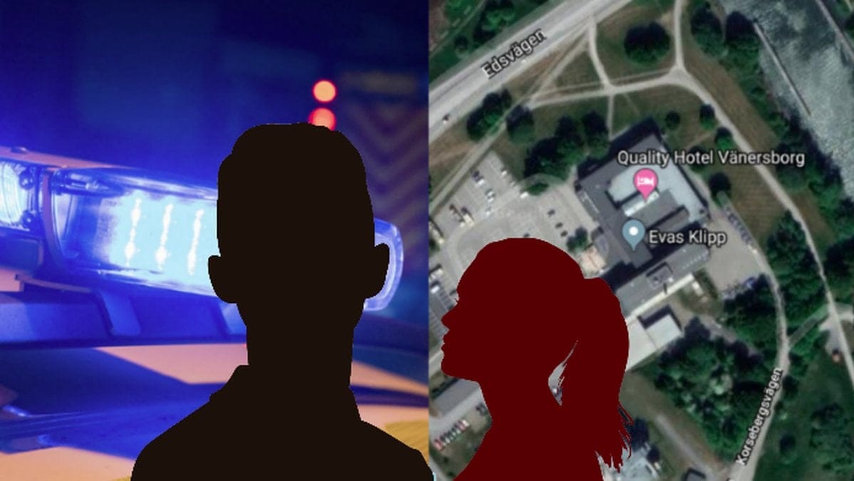 Två siluetter och karta över hotell i Vänersborg. Blåljus