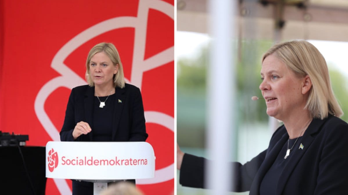 Socialdemokraternas partiledare Magdalena Andersson (S) valtalar på skolgården utanför Rinkebyskolan.