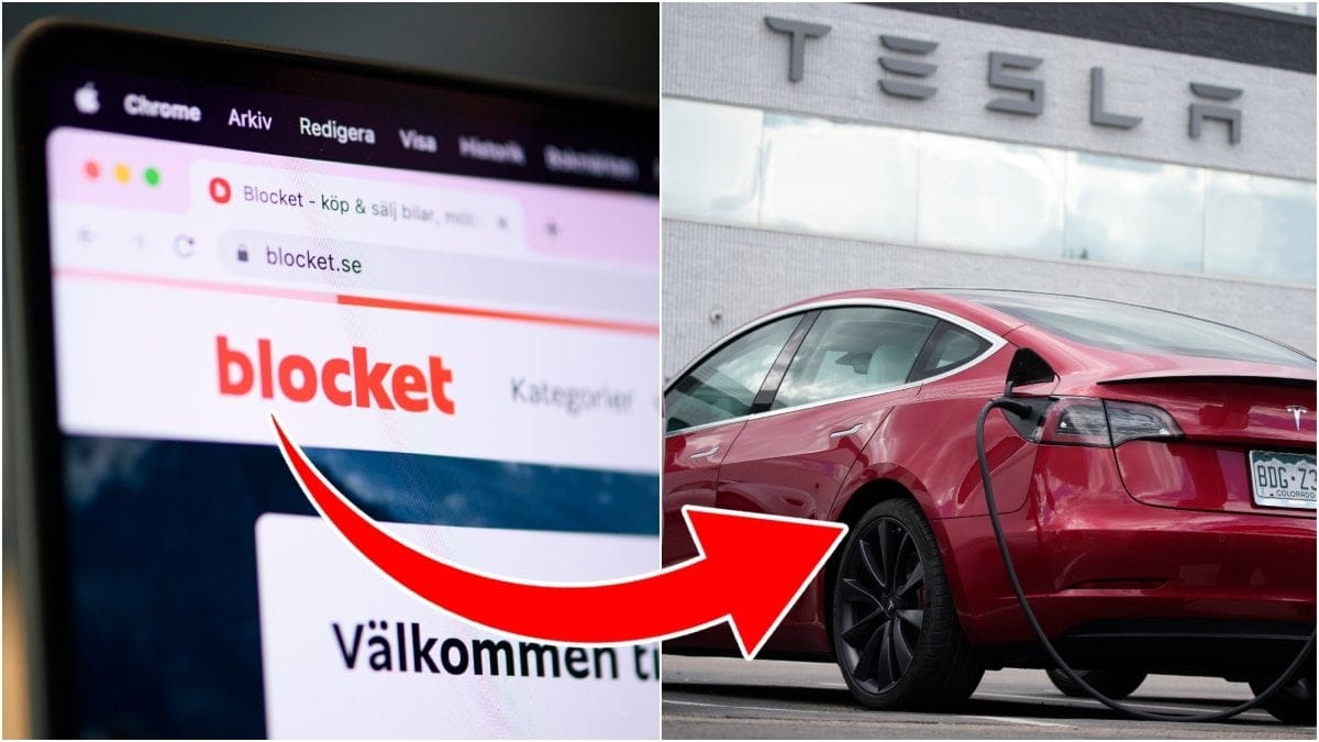 Bild på hemsidan Blocket och en bild på en teslabil med en röd bil på. 