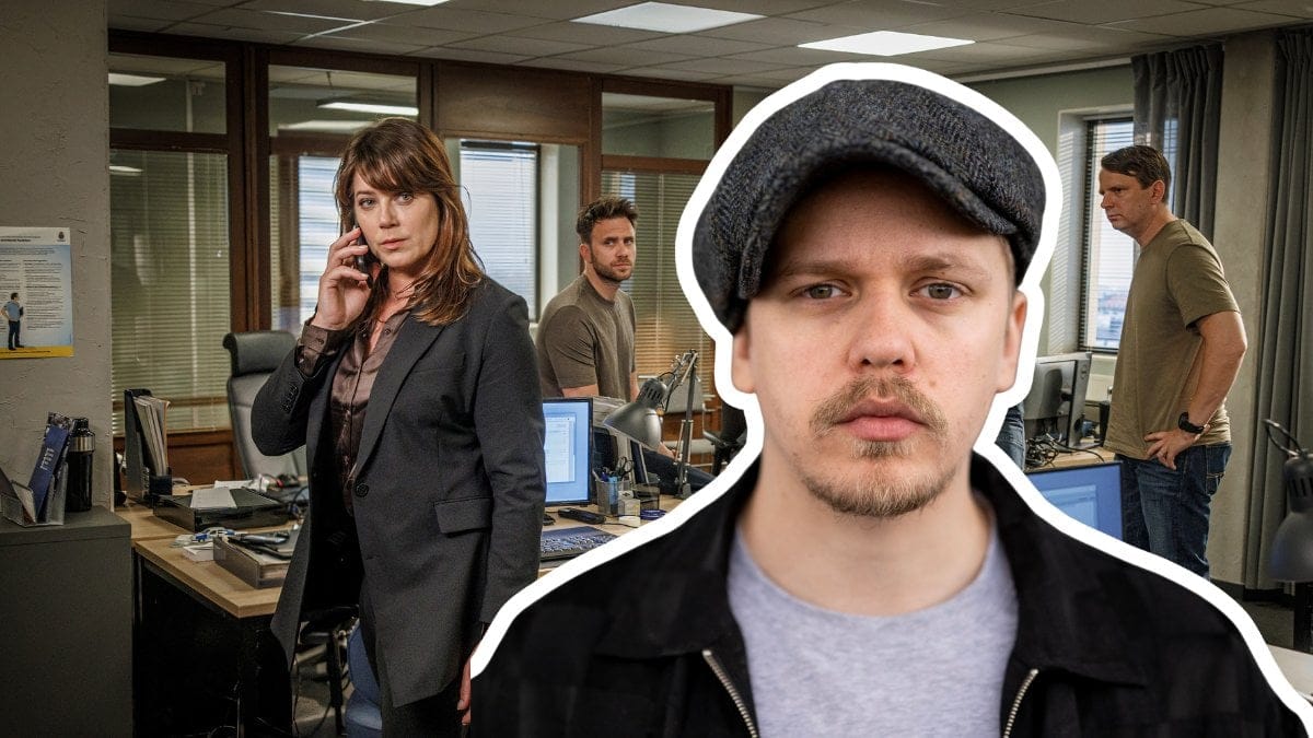 Beck karaktärerna i bakgrunden, Valter Skarsgård utklippt i mitten.