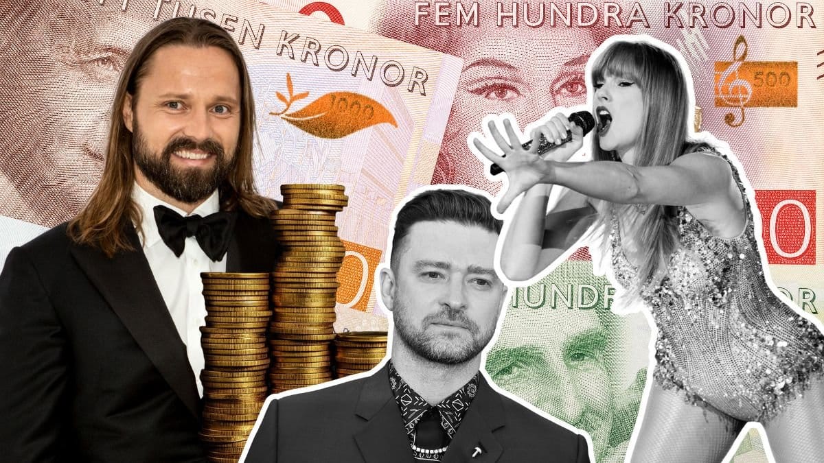 Max Martin, Justin Timberlake och Taylor Swift på en bakgrund av svenska sedlar