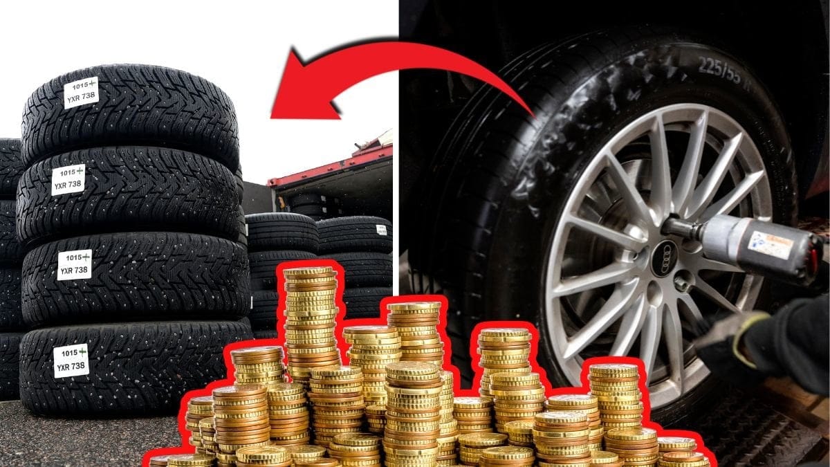 Däck på hög till vänster. Ett bildäck skruvas på till höger. En stor hög med mynt utklippt framför båda bilderna. En röd pil pekar på högen av däck.