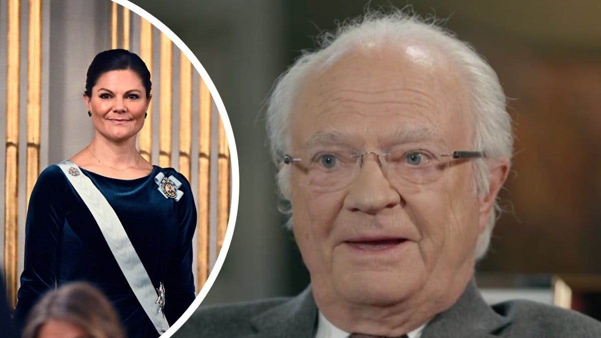 Kronprinsessan Viktoria under nobelmiddagen vänster. Kung Carl Gustaf under sin intervju med SVT höger.