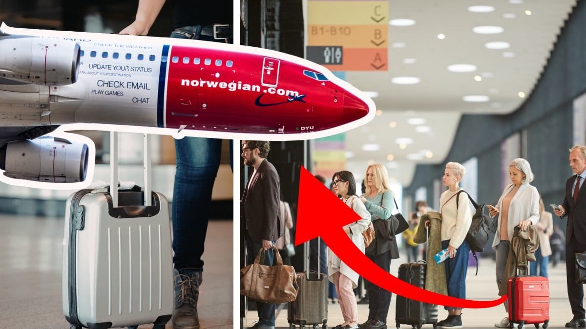 Norwegian flyg utklippt vänster. Resväska vänster. Resenärer i kö att boarda ett flyg höger.