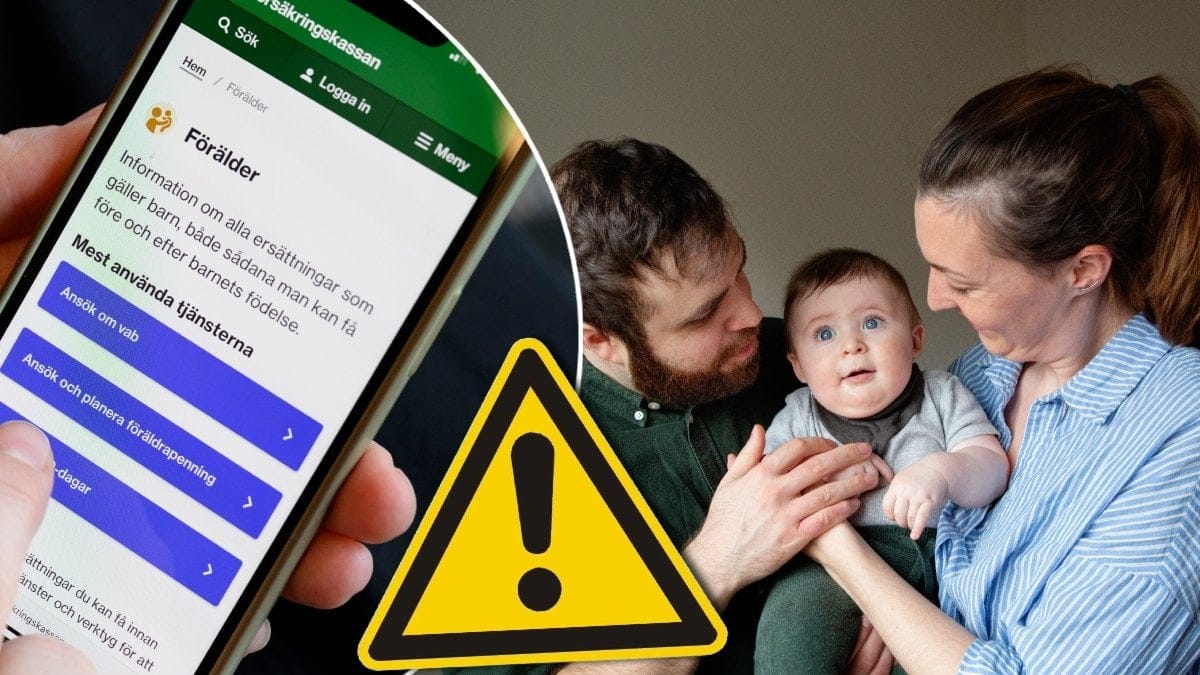 Försäkringskassans app, familj och en varningstriangel.
