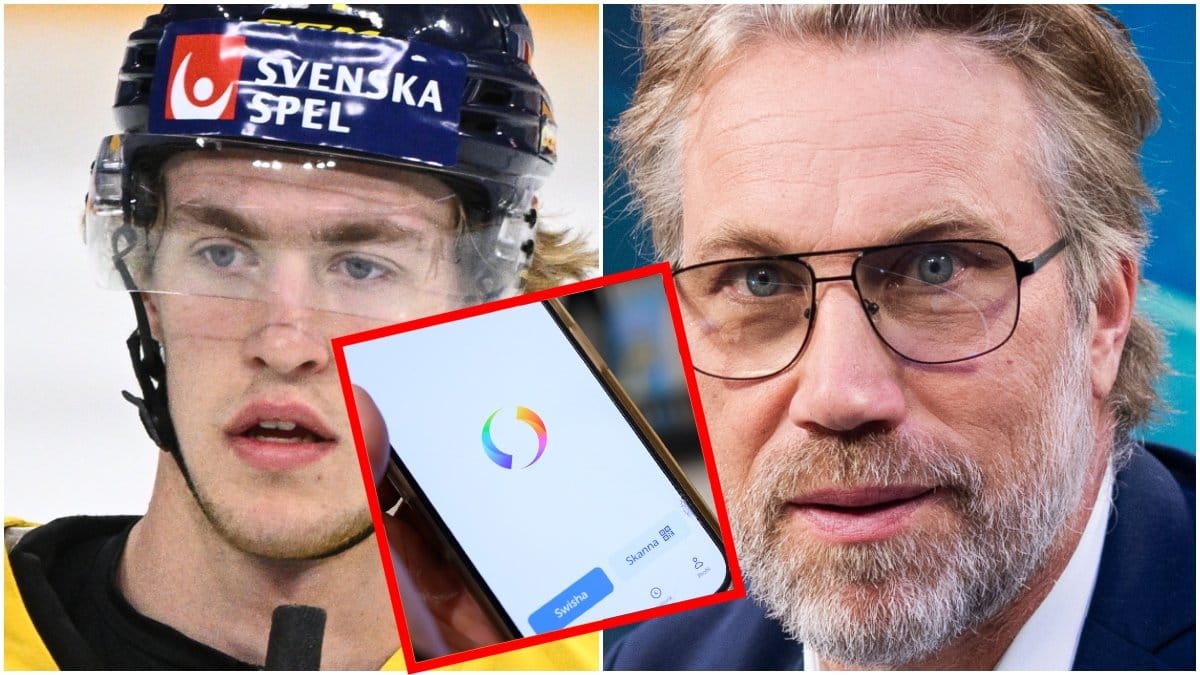 Hockeyspelaren Simon Edvinsson och Peter Forsberg och en bild på en mobil med swishsymbol.