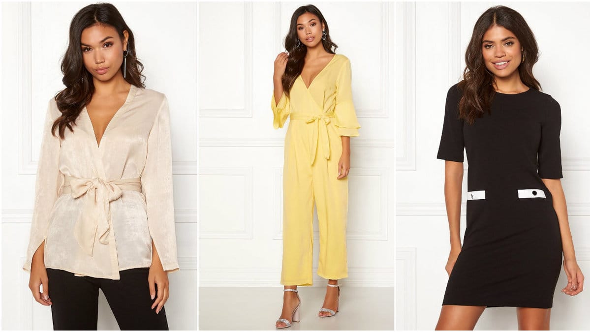 Tjej i beige tröja, gul byxdress, tjej i svart klänning