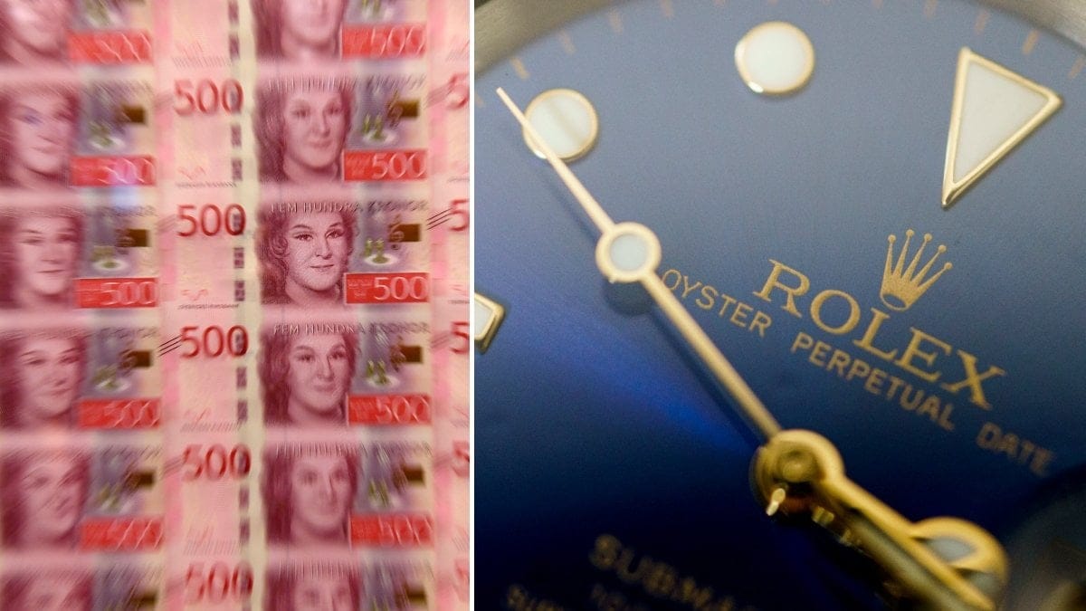 Bild på svenska 500 kronors sedlar och en Rolexklocka. 
