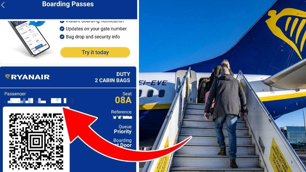 Bild på några som går på ett flygplan och ett elektroniskt boardingkort.