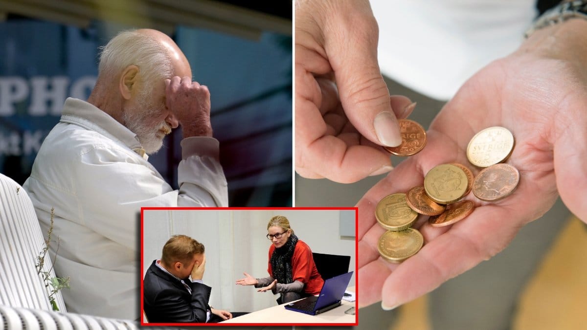 Äldre man, mynt i handen och samtal mellan två personer.