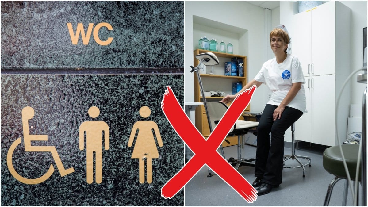 toalett WC skylt och en bild på en läkare som sitter i ett patientrum. 
