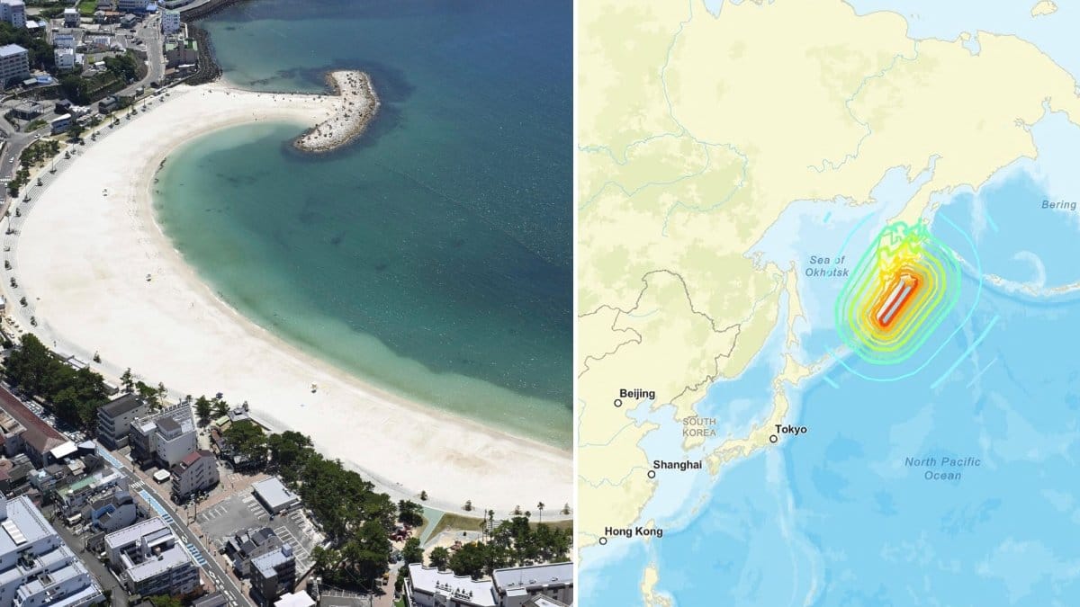Karta som visar var jordbävningen ägde rum och bild på kust i Japan. 