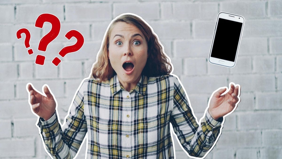 Kvinna, mobil, frågetecken