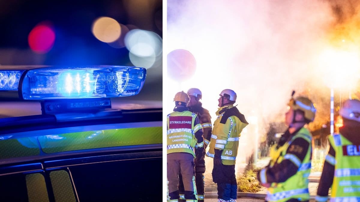 Blåljus vänster, brandmän höger.