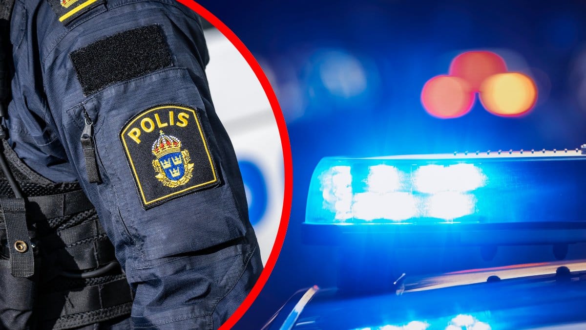 Polisarm vänster, blåljus polisbil höger.
