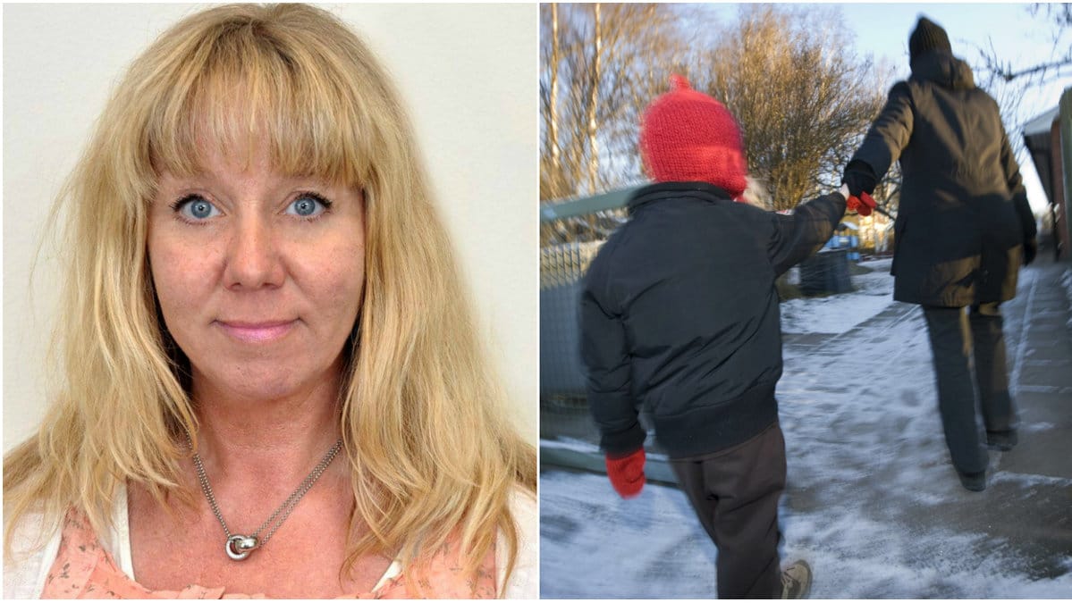 Stressad förälder som drar barnet till dagis