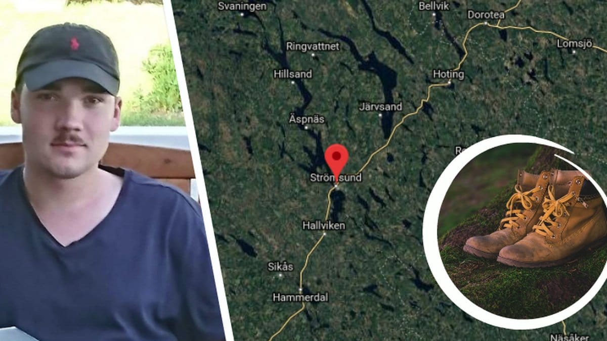 Lucas Löfström med mustasch, en karta över Strömsund. Ett par skor i skogen.