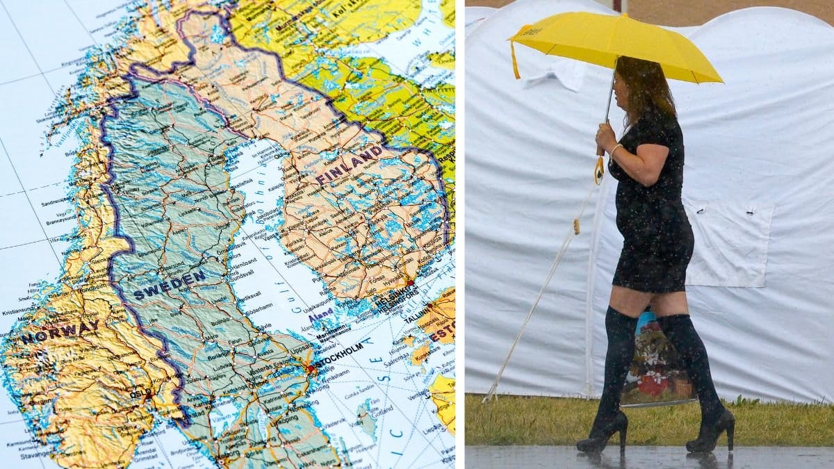 Sverige karta väderprognos och en kvinna som går med ett paraply.