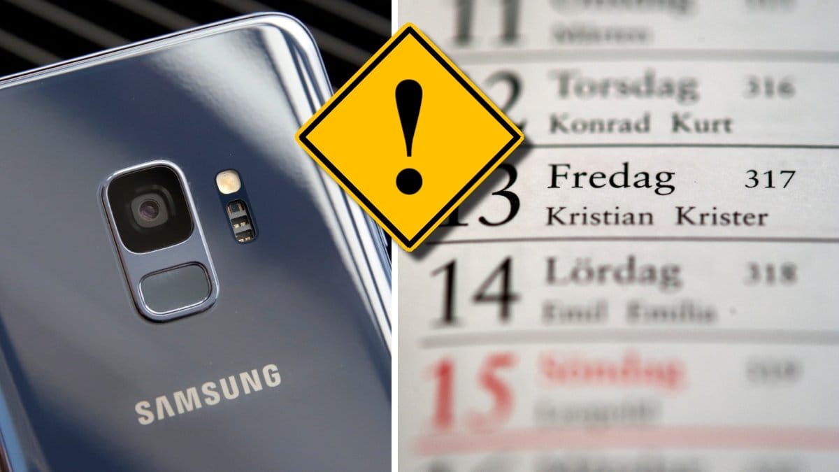 Baksidan på en Samsung-mobil och en kalender som är inzoomad på fredag den 13.
