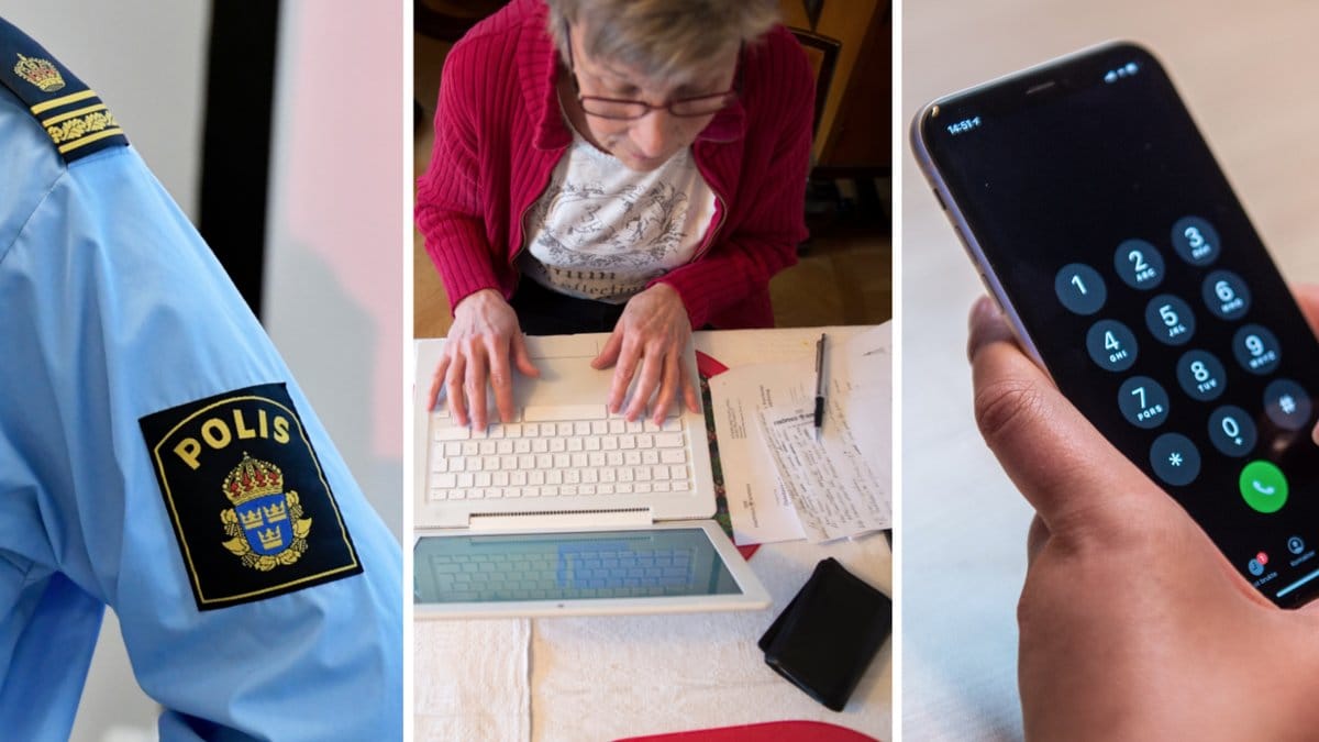 Polis, äldre kvinna vid dator och en mobiltelefon.