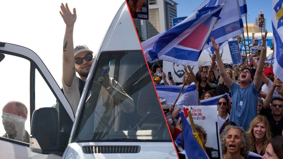 Folksamling i Tel Aviv i samband med frigivning av gisslan.