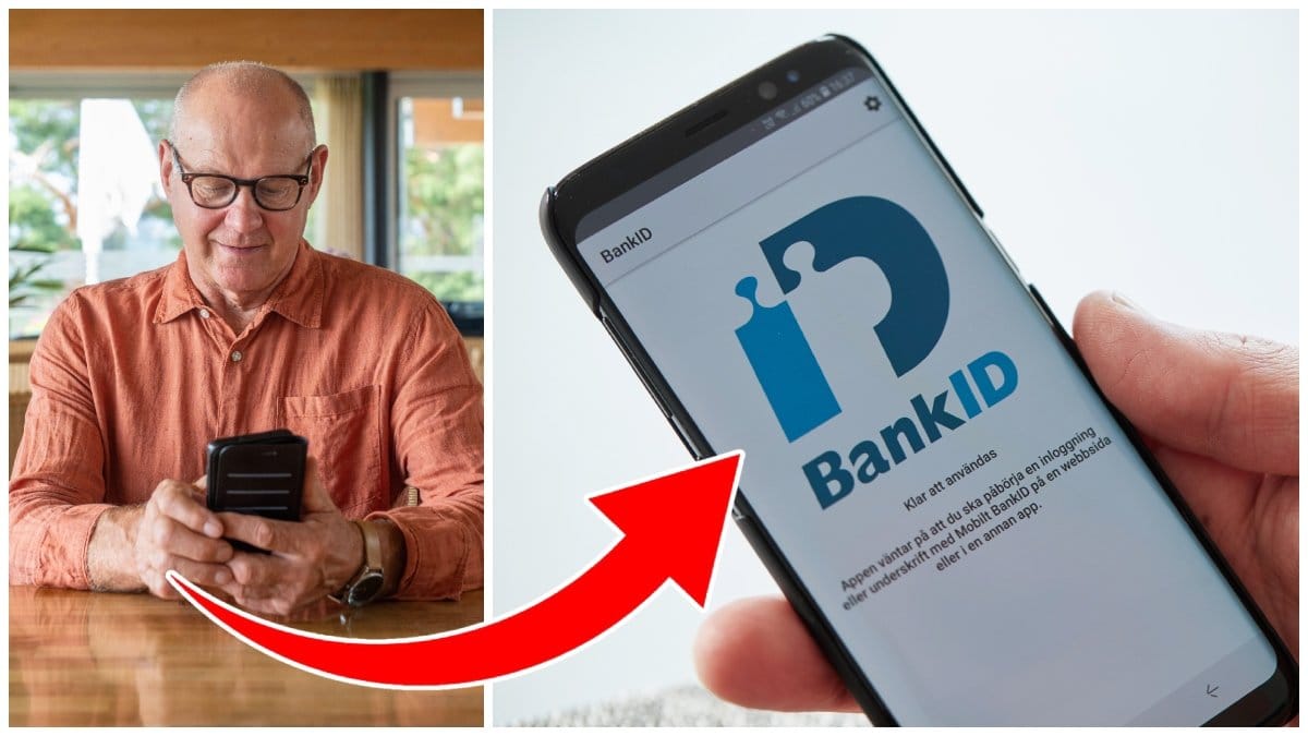 Man med mobiltelefon i handen och BankID-appen.
