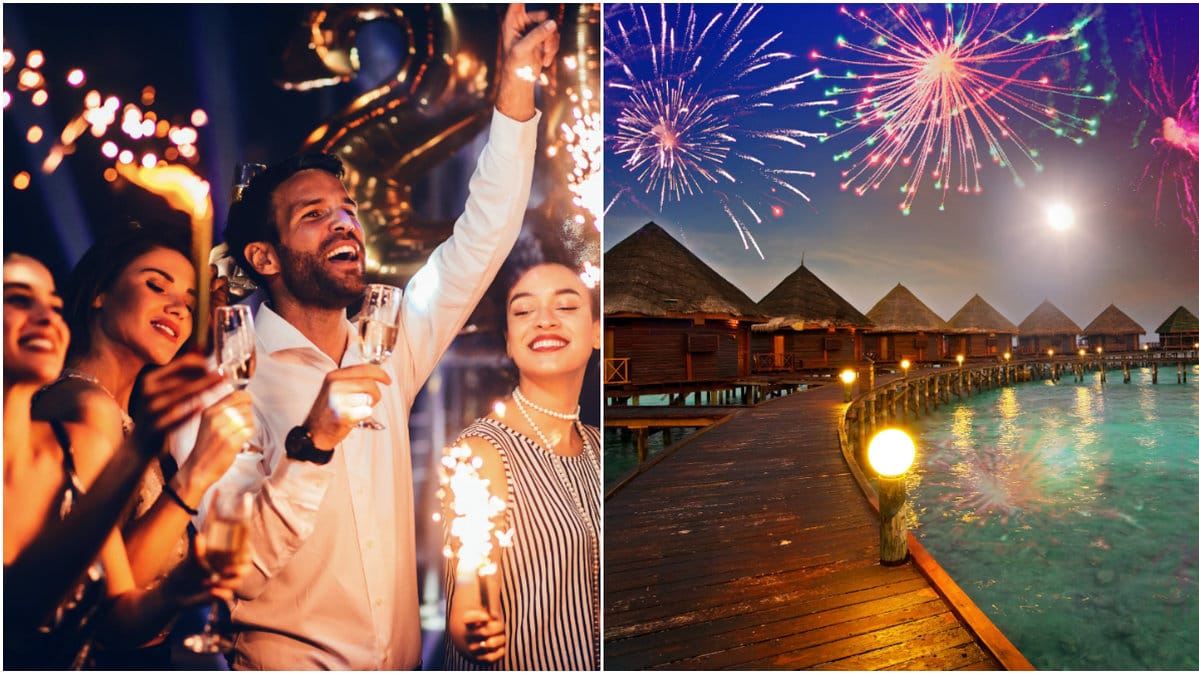 Vänner på nyårsfest och fyrverkerier på Maldiverna