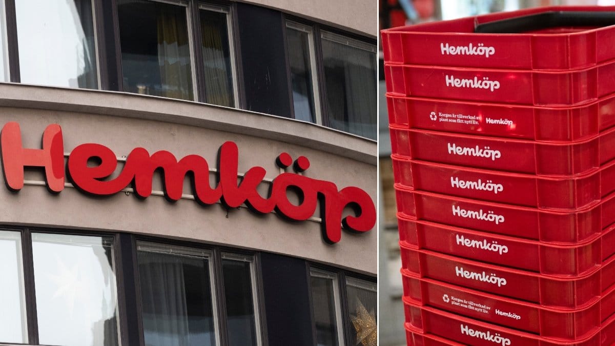 Bilder på Hemköps-ingång och Hemköps kundkorgar.
